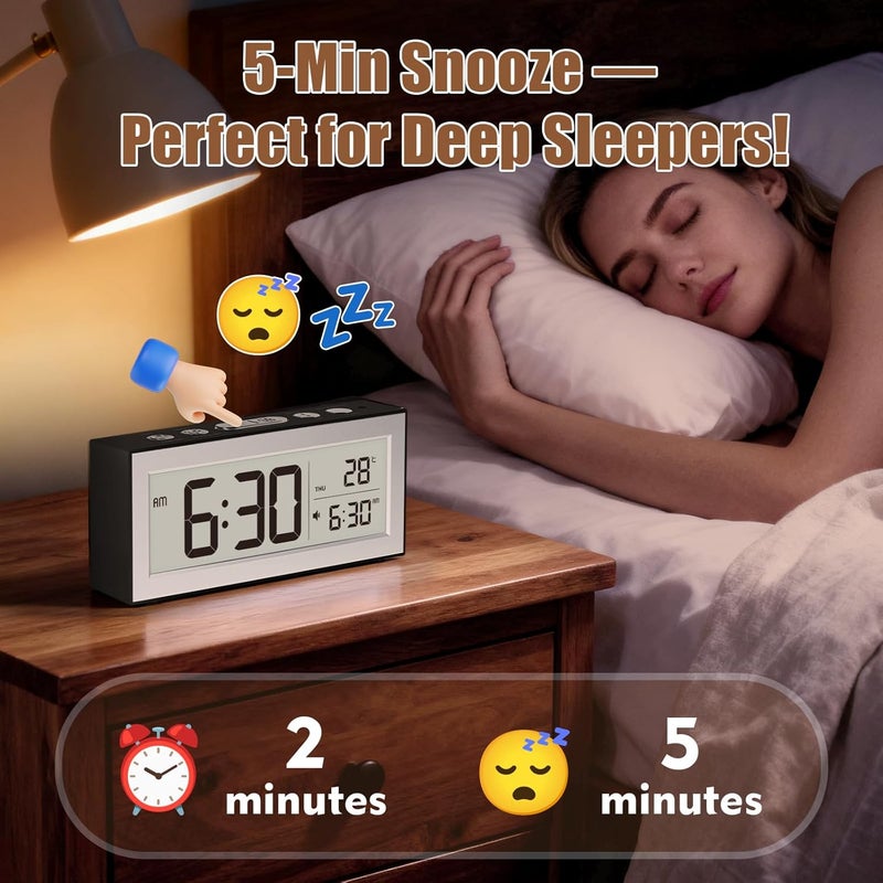 ALANAS Battery Operated Alarm Clock, Portable Digital Clock with Large Display, Snooze, Temperature & Date, Auto-Dim Night Light for Easy Reading, Ideal for Seniors, Kids, Bedroom, Travel, Nightstand - Image 4